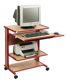 Mini Height-Adjustable Mobile Computer Workstation - Beech With Red Frame thumbnail