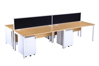 Oak Bench Desking - White Legs With Black Screens & White Pedestals thumbnail
