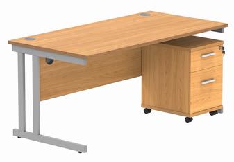 Primus 1600w x 800d Desk With 2-Drawer Mobile Pedestal - Beech With Silver Legs thumbnail