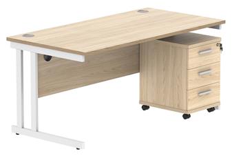 Primus 1600w x 800d Desk With 3-Drawer Mobile Pedestal - Oak With White Legs thumbnail