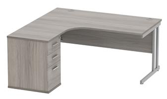 Primus 1600mm Radial Desk - Left-Hand + Pedestal Bundle - Grey Oak Top With Silver Legs thumbnail