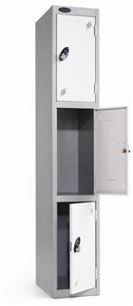 3 Door Steel Locker - Silver Carcass & White Doors - Open thumbnail