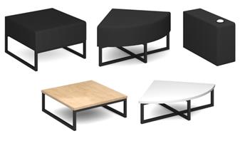 Single Bench (Top Left). Corner Unit (Top Middle). Power Unit (Top Right). Square Table - Oak (Bottom Left). Corner Table - White (Bottom Right). 