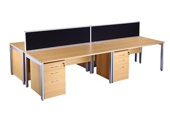 Oak Bench Desking - Silver Legs With Black Screens & Oak Pedestals