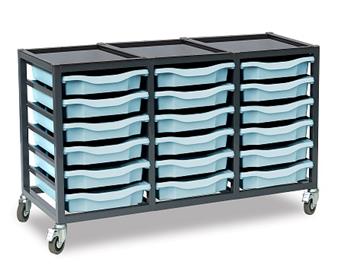 Low Charcoal Triple Column Mobile Unit - 18 Light Blue Trays