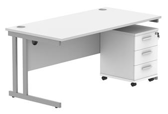 Primus 1600w x 800d Desk With 3-Drawer Mobile Pedestal - White With Silver Legs