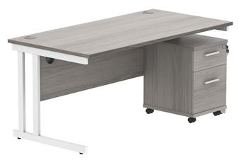 Primus 1400w x 800d Desk With 2-Drawer Mobile Pedestal - Grey Oak With White Legs
