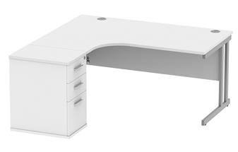 Primus 1600mm Radial Desk - Left-Hand + Pedestal Bundle - White Top With Silver Legs