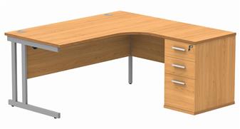 Primus 1600mm Radial Desk - Right-Hand + Pedestal Bundle - Beech Top With Silver Legs