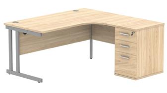 Primus 1600mm Radial Desk - Right-Hand + Pedestal Bundle - Oak Top With Silver Legs