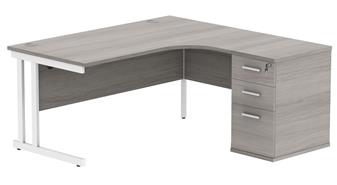 Primus 1600mm Radial Desk - Right-Hand + Pedestal Bundle - Grey Oak Top With White Legs