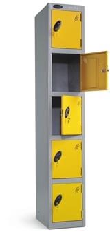 5 Door Steel Locker - Silver Carcass & Yellow Doors - Open