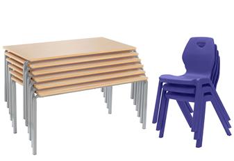 15 x Crushed Bent Primary Tables & 30 x Blue Flaire Chairs - Classpack